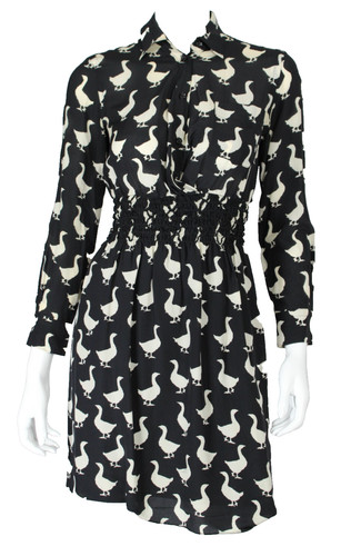 MOSCHINO CHEAP & CHIC Mini Abito Crepe Seta Stampa Anatra Bianco e Nero 40