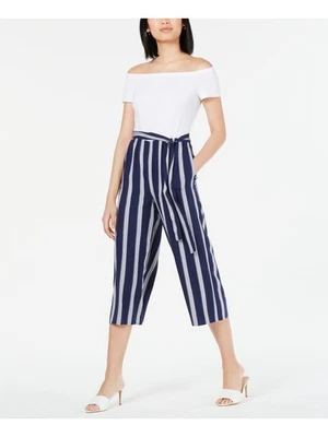 MAISON JULES Womens Navy Striped Short Sleeve Cropped Jumpsuit Size: XL - Image 1 of 4