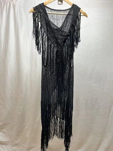 Free People Coverup Swimwear Womens Medium Black Scoop Neck Crochet Lace Fringe - Picture 1 of 10