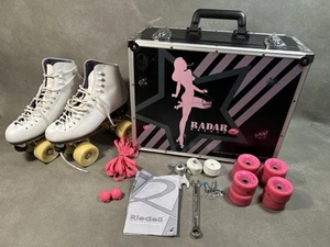 Riedell Roller Skates Ladies 6 1/2 White Triton Powerdyn + Case Extra Wheels - Picture 1 of 15