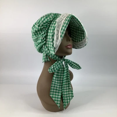 Bonnet Green Gingham Prairie Handmade Cottagecore Grannycore Cosplay Wagon - Image 1 of 4