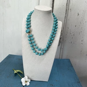 Crown Trifari Vintage Turquoise Lucite Bead Necklace Double Strand MCM - Picture 1 of 7
