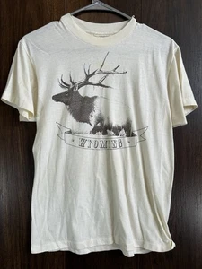 VTG Wyoming T-Shirt Mens Elk Nature Travel Wildlife Holes Stains Single Stitch - Picture 1 of 16