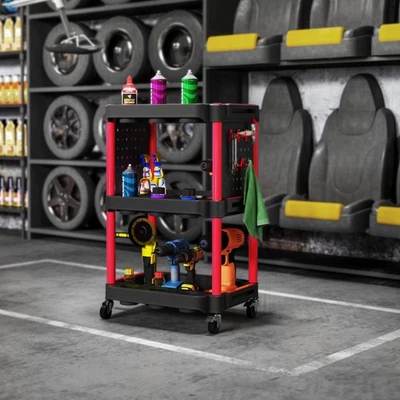HOMCOM Werkstatt-Rollwagen Werkzeugwagen mit 3 Etagen, Seitenlochregalen Schwarz - Bild 1 von 4