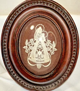 Vintage Spitzenarbeit Maria und Jesus ovaler Holzrahmen - Bild 1 von 8