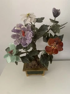 Vintage Chinese Carved Jade Hardstone Tree in Brass Jade Pot Floral Arrangement - Picture 1 of 22