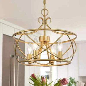 Uolfin Mid-Century Modern Dining Room 4-Light Antique Gold Drum Chandelier - Picture 1 of 5