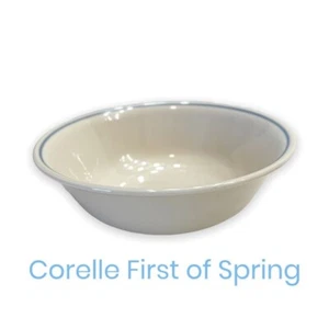 Corelle Blue Rim Cereal Bowl 6.25” Beige Floral First Spring Lily Needlepoint - Picture 1 of 3