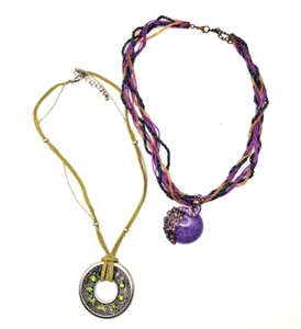 Bohemian Necklace Lot of 2 Peacock Statement Amulet Earthy Green Rhinestones - Picture 1 of 11