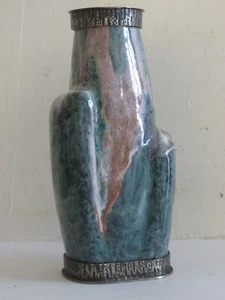 ANCIEN VASE GRES EMAILLE ART NOUVEAU MONTURE BRONZE ARGENTE  - Picture 1 of 10