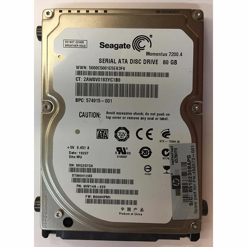 456573-001 - HP 80GB 7200 RPM SATA 2.5" HDD Seagate ST980411AS version - Image 1 of 1