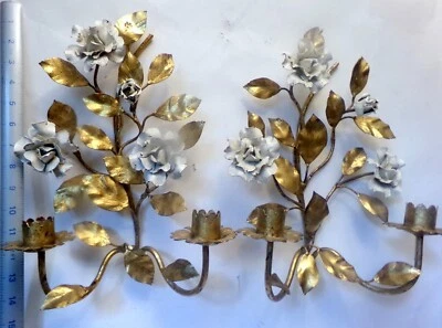 Vtg MCM Gilt TOLE Italian  White FLORALS Wall ART SCONCES Rococo CANDLEHOLDERS - Image 1 of 4