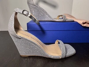 Stuart Weitzman Nudistcurve 85 Wedge Sandals Heels Shoes Silver Glitter Size 8.5 - Picture 1 of 18