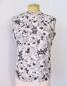 Blusa de Colección Años 60 Negro Blanco Algodón Floral Boceto Concha Top Secretaria Cuello Cremallera 34 - Imagen 1 de 5