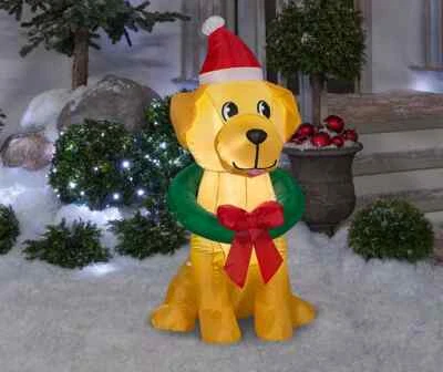 Gemmy 3.5 Ft Airblown Inflatable Dog Santa Hat Wreath LED Lights Christmas Pooch