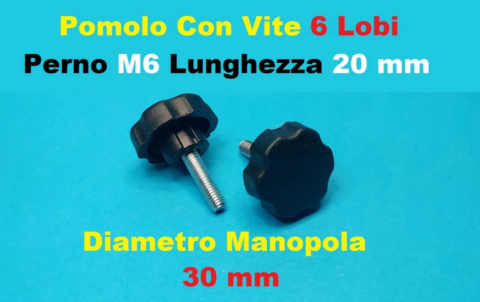 Pomello Volantino Manopola Pomolo Maschio con perno vite M6 20mm 6 Lobi - Immagine 1 di 1
