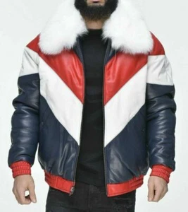 Men's Bubble V Bomber Sheepskin Leather Jacket Faux Fur Collar Multicolored- 103 - Picture 1 of 8