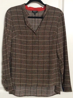 Blusa geométrica WORTH New York 100 % seda marrón y rojo botón único talla P Foto 1 de 4