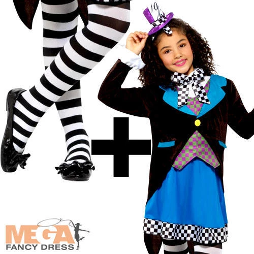 Miss Mad Hatter + Tights Girls Fancy Dress World Book Day Childs Kids Costume - Image 1 of 1