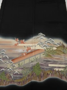 2H02z140 Japanese Kimono Silk Artist work FABRIC Black Garden 47.2" - Picture 1 of 5