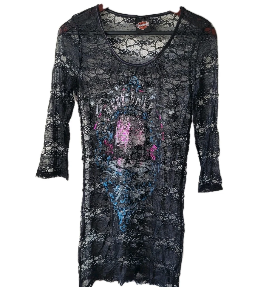Harley-Davidson Women’s Sheer Lace Tunic/Dress Skull Graphic Black Pink Blue - Image 1 of 4