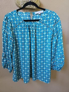 Loft Top Women’s L Blue Long Sleeve Round Neck Geometric Relaxed Fit Lightweight - Picture 1 of 9
