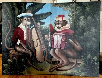 Vintage Decorative 4 Panels Monkeys Wall Art Screen Room Divider Skilling STYLE - Image 1 of 4