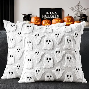 Halloween Decorative Pillow Covers Set of 2 Soft Faux Fur 18x18 Inch White - Picture 1 of 19