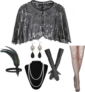 20er Jahre Flapper Accessoires Set, Roaring 20s Damen schwarz silber  - Bild 1 von 8