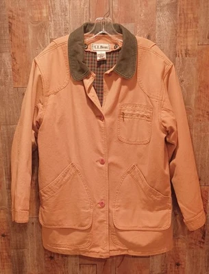 复古 LL Bean Chore 夹克 Barn Field Coat 帆布棕褐色格子法兰绒衬里 尺寸 L — 第 1/4 张图片