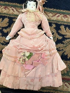 Antike 14 Zoll Porzellan Schulter Kopf Puppe schwarze Haare blaue Augen Handarbeit Kleid - Bild 1 von 8