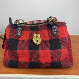 Juicy Couture Red Black Plaid fleece Wool metal Heart Lock 3 zip Tote/purse - Picture 1 of 13