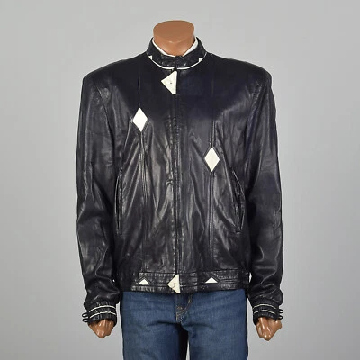 L Battaglia 1980s Rockabilly Leather Jacket Navy and White Diamond Print 80s VTG - Image 1 of 4
