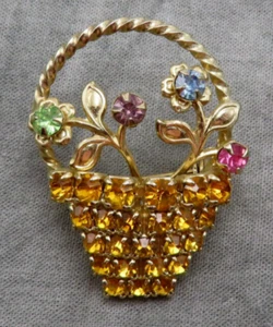 Spilla vintage strass spilla cesto fiori arancio verde cristallo sfaccettato 170c - Foto 1 di 8