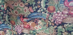 Vintage Sharon Kessler Stoff Concord Obst Vögel Blumen 1-5/9 Meter schwarzer Hintergrund - Bild 1 von 10