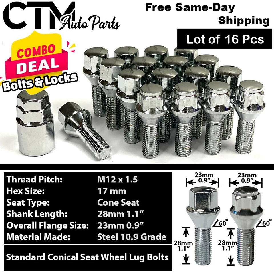 16x Chrome 12x1.5 Cone Seat Lug Bolt + Wheel Lock Set Plus Socket For All 4Wheel - Image 1 of 4