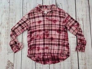 Justice Pink Plaid Splash Print Button Up Flannel Style Shirt Girls L 12/14 - Picture 1 of 8