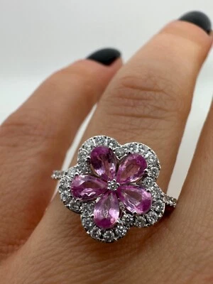 18Ct White Gold Flower Cocktail Pink Sapphire And Diamonds Ring 1.54Ct Gg95 - Image 1 of 4