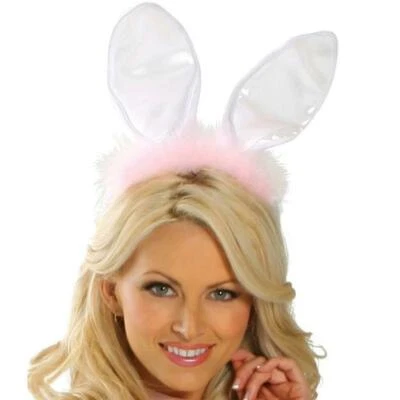 Furry Bunny Ears Headband White Pink Satin Faux Fur Fuzzy Rabbit Costume 4462 - Image 1 of 2