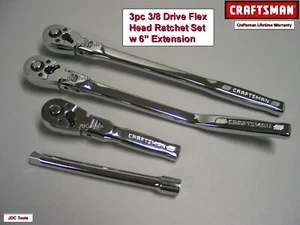 CRAFTSMAN 3 pc RATCHET SET  3/8 DRIVE ALL FLEX HEAD 72T - LONG - STUBBY - OFFSET - Picture 1 of 10