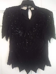 Vintage Laurence Kazar Size PS Black Silk Beaded Top - Picture 1 of 5