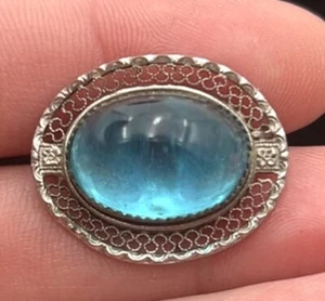 VTG AQUAMARINE High Relief Cabochon in 10kt WHITE GOLD Filigree BROOCH - Picture 1 of 13