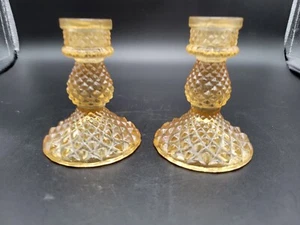 Amber Cut Glass Diamond Pattern Candle Holders  - Picture 1 of 6