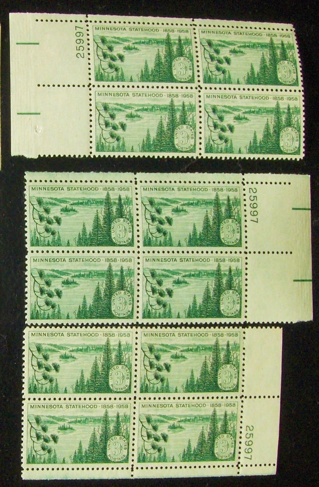 US 3¢ stamp SC #1106 MINNESOTA STATEHOOD 3 matching number plate blocks MNH 1958 - Image 1 of 1