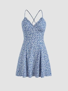 Cider: Women's Floral Lace Up Backless Mini Dress, blue, size S - Picture 1 of 3
