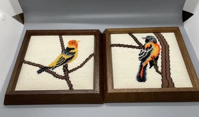 "Juego (2) arte vintage a punta de aguja Robin Oriole pájaro en marcos de 6"" x 6""" Foto 1 de 4