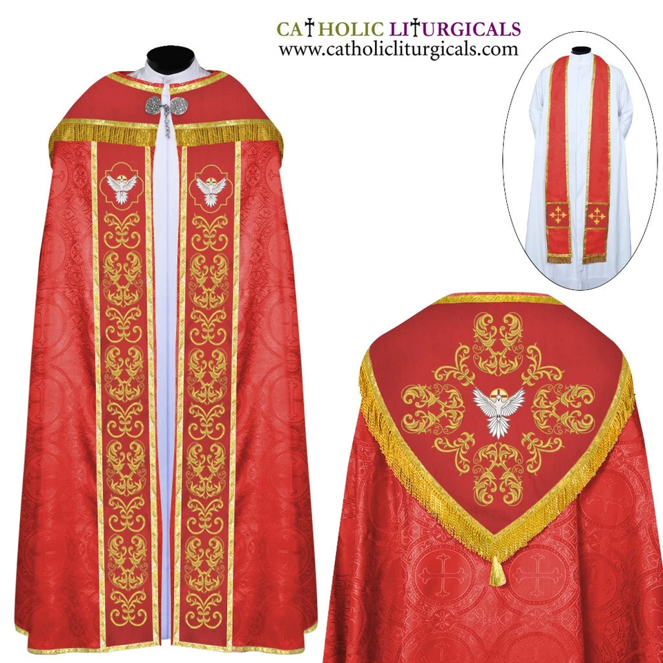 Set di stole e mantello rosso con ricamo HOLY SPIRIT, Capa pluviale, Chape,... - Immagine 1 di 1