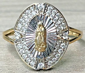 Catholic Sterling 925 Gold Vermeil Clear CZ Virgin Mary Our Lady Ring SZ 8 2g - Picture 1 of 13