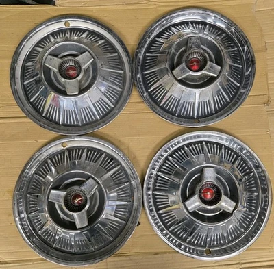 Set (4) 1964 FORD THUNDER BIRD 15" Hubcaps Wheel Covers Spinner Black/Red Emblem - Image 1 of 4