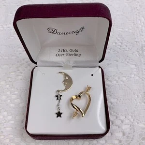 Danecraft 24K Gold over Sterling Silver Pin set Heart Moon Stars New NWT in box - Picture 1 of 8